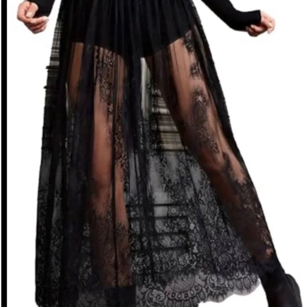 Sheer Lace Maxi Skirt High Waist A-Line Flowy Mesh Long Skirt